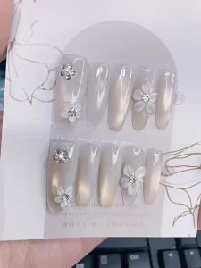 【5in1 Toolkit+HANDMADE】Artificial Nail Ice Transparent Jade Cats eye Magnolia Long Oval Phototpy Fake Nail Patch Press on Nails Reusable