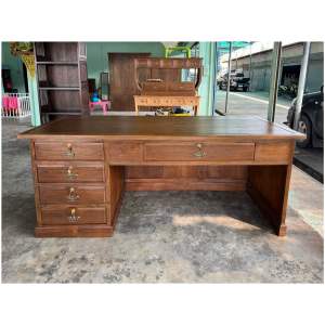 โต๊ะทำงานผู้บริหาร โต๊ะไม้สักแท้ (ก200xล90xส80 cm.) หน้าโค้งเสาโรมัน 5 ลิ้นชัก มีกุญแจล็อก (รอทำ 14 วัน) Large Teak Wooden Worktable Counter pre-order 14 days.