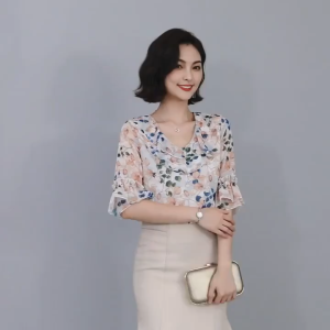 NAOX2 Womens T-shirt Floral Chiffon Shirt New Fashion Trendy Top