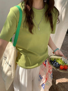 Loose Fit Green round Neck Short Sleeve T-Shirt Womens Casual Style Summer New Arrival Slimming Top Cotton Material