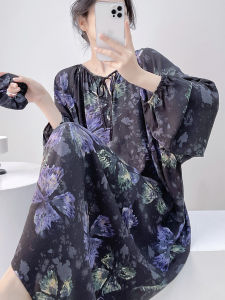 Elegant Butterfly Print Cotton Silk Long Sleeve Sleep Dress Womens Spring Autumn New Style plus Size Chinese Style Maxi Dress