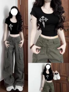 Spicy Girl Cross Letter Print Short Sleeve T-Shirt Womens Summer Slimming Waist Short Style Versatile Top Korean Style Cotton