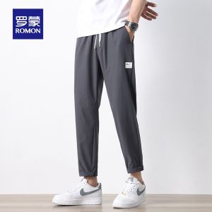 ROMON | Lormen Ice Silk Mens Casual Pants Summer Thin Loose Straight Quick Dry Sports Elastic Waist Nine Point Pants Youthful Vitality Style
