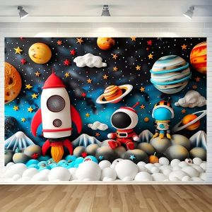 Cartoon Astronaut Outer Space Planet Backgrounds for Photographs Kids Birthday Party Decor Baby Shower Backdrop Photobooth Props