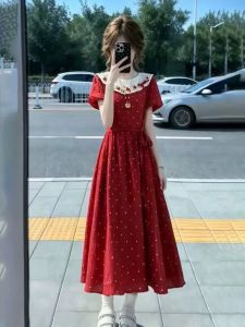 XUECAIQI | Vintage Polka Dot Doll Collar Red Dress