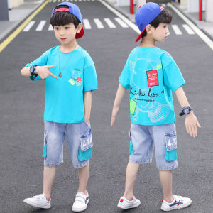 Boys Summer Outfit Set Casual Cool Cartoon Print Short Sleeve Shirt And Shorts Fashionable Childrens Clothing Cotton Blend Fabric