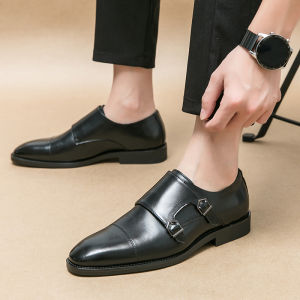 Mens Oxford Shoes Square Head British Style Business Casual Breathable Three Buckle Groom Wedding Shoes Increased Height