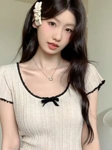 ⚡Port⚡ blouses women new style 2025 Bow Contrasting Color Top Round Neck Short Sleeved Knitwear Summer Slim Fitting Short Top Women
