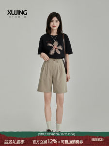 กางเกงขาสั้นทรงตรงเอวสูงผ้าคอตตอนผสมโพลีเอสเตอร์สีกากีสำหรับผู้หญิงในช่วงฤดูร้อน กางเกงขายาวห้าส่วน สไตล์ลำลอง