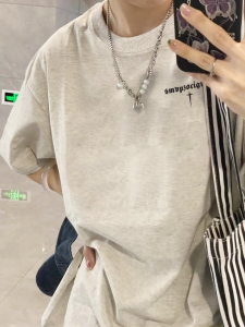 Pure Cotton American Retro Print Grey Short Sleeve T-Shirt Women Loose New Summer Design Half Sleeve Top Creative Letter Pattern