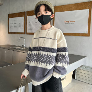 Winter Boys Sweater round Neck Pullover Versatile Knitted Shirt for Middle And Large Children Warm Casual Polyester Fiber
