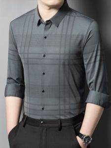 HENGYUANXIANG | Iron-Free Standard Fit Long Sleeve Mens Shirt Casual No-Trace Autumn New Business Dad Clothes Nylon Fabric Commute Style Plaid