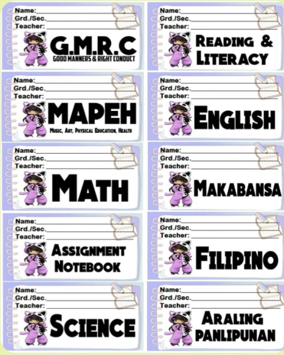 Kids Set Notebook Subject Sticker Label 10pcs | Printed in waterproof ...