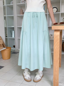 Light Green Pleated A-Line Midi Skirt High Waist Elastic Womens Summer New Style Slimming Half-length Skirt by Yang Bubble