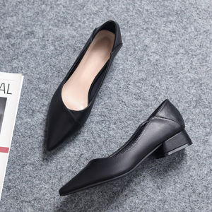 Soft Leather Flat Bottom Work Shoes for Women Black Comfortable Standing All Day Professional Shoes Pointed Toe Slip-On Single Shoes
