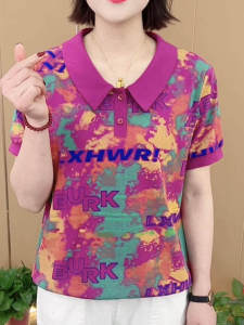 เสื้อยืดแขนสั้นทรงหลวมสไตล์ใหม่สำหรับฤดูร้อนปี 2025 สำหรับคุณแม่ ลายตัวอักษรแบบบล็อก สไตล์ OL สวมใส่สบาย