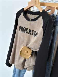 Early Autumn Shoulder T-Shirt Womens Printing Color Contrast Lettered Casual Easiest for Match Plus Size Ladies Plus Size Womens Belly Covering Slim Looking Tops