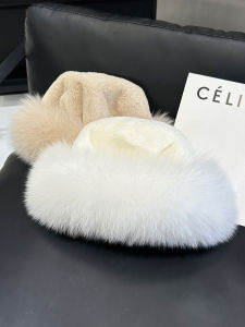 Ladies Thickened Winter Hat Mink Fur Mongolian Cap Fox Fur Princess Basin Hat Warm Gift Hat Casual Style round Top Wide Brim