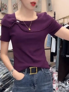 Summer 2025 Fashion Bead Pure Color Short Sleeve T-Shirt Slimming Versatile One Shoulder Elegant Small Shirt Women Top