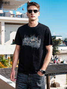 Enjeolon Tech Cool Feeling Ice Silk Cotton Short Sleeve T-Shirt Mens Summer New Trend Brand Print Half Sleeve Top