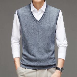 ROMON | Romon Mens Knitted Pure Wool Vest Sleeveless Business Style Autumn Winter New Fashion Urban Straight Hemline Woolen Sweater