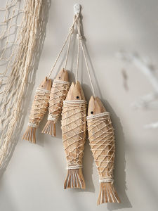 Rustic Wooden Fish Wall Hanging Decor – Nautical Rope Wrapped Fish Ornament Coastal Beach Style Home Decoration for Living Room