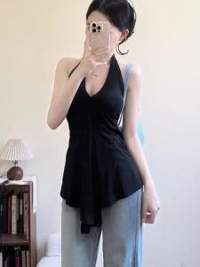 Áo Vest Không Tay Màu Đen Cổ Chữ V Dành Cho Nữ Mùa Hè Áo Khoác Ngoài Thiết Kế Ôm Vừa Vặn Hở Lưng Áo Lót Pure Desire Hot Bé Gái