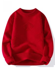 ROMON | Lormen Mens Fashionable Thickened Knitted Sweater Casual Winter Autumn Style Red New Year Loose Fit Comfortable Warm Top