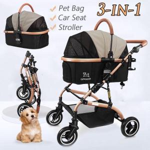 SKISOPGO Pet Stroller 3-in-1 Detachable Dog Cat 4 Wheels Separate Car Bag Travel Trolley Removable Basket