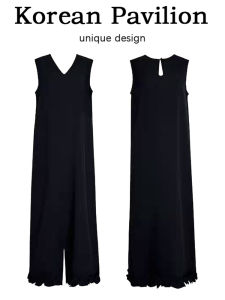 ชุดเดรสยาวคอวีสีดำหรูหราสำหรับผู้หญิงในช่วงฤดูร้อน ชุดเดรสยาวเอวสูง แขนกุด กระโปรงทรงเอ ชุดทำงาน