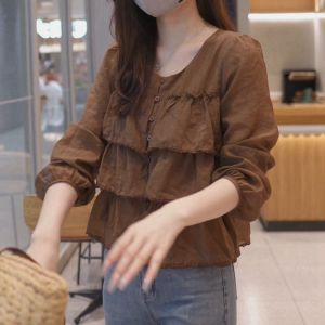 French Elegant Long Sleeve Shirt Womens Short Style Loose Slimming Top Korean Version Polyester Material round Neck Button Closure