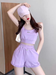 Summer New Fashion Casual Sports Set Women Anti-Aging Fitness Running Tank Top Wide Leg Shorts Two Piece Set Polyester Fiber