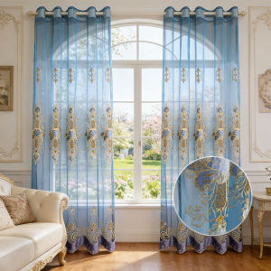 2pcs Blue Embroidered Sheer Curtains European Grommet Voile Drapes Light‑Filtering for Bedroom Living Room