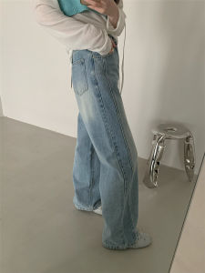 Retro Gradient Washed High Waist Straight Leg Jeans Versatile Classic Blue Denim Pants Korean Style Spring Season Multi-Pocket