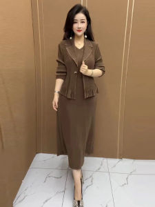 Slimming Suit Style Pleated Dress Two-Piece Set with Sash Elastic Long Sleeve Autumn Commute Elegant Fashion Womens Dress