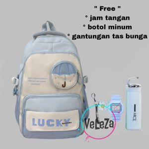 Tas ransel anak remaja terbaru model LUCKY free botol minum kaca jam tangan gantungan tas bunga tas sekolah SD SMP tas ransel