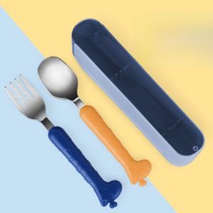 Portable Childrens 304 Stainless Steel Meal Kit Baby Eating Spoon Cartoon Toddler Learning to Eat Spoon Fork Travel Set