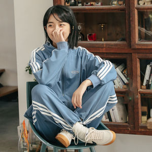 Womens Running Sport Set Casual Thin Outerwear Loose Large Size Cotton Student Class Uniform Two-Piece Suit Autumn Winter