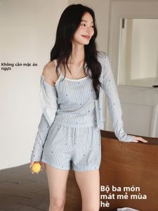 MiiOW | Bộ đồ ngủ lụa băng mùa hè cho nữ MiiOW Cat Person Bộ đồ ngủ ba mảnh có đệm ngực Thiết kế chống trượt thoải mái Quần short