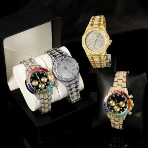1pc Stylish Quartz Watch Hip-hop Punk Inlay Color Diamonds Polygon Watch Bundled Size Adjuster Men Women Party Jewelry Gift Box