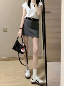 Gray Suit Half Skirt Womens Thin High Waist Wrap Body A-Line Mini Skirt Summer Slimming Short Skirt Large Size Women