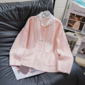 เสื้อสเวตเตอร์คอตั้งผ้าลูกไม้สไตล์หรูหราสำหรับผู้หญิง ฤดูใบไม้ร่วง 2025 เสื้อคาร์ดิแกนแขนยาวแบบสวมหัว ทรงหลวม ปกติ