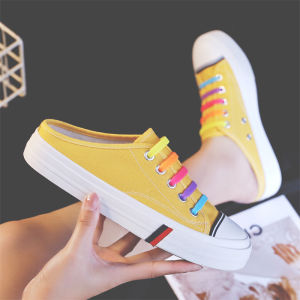 Spring and Summer Half Slippers Canvas Shoes Womens No-Tie Loafers Slip-on Couple Slippers Heel-Free Casual Shoes