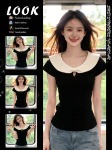 Doll Collar Hollow Out Black Sleeveless Summer Slimming Bow Short Straight Shoulder T-Shirt
