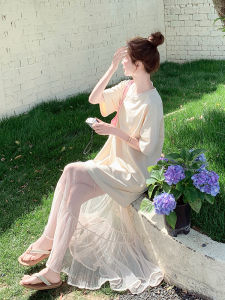 Summer New Womens T-shirt Dress Mesh Splicing Ultra-long Over-knee Ankle Loose Slimming Skirt High Waist Short Sleeve round Neck