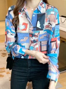 2023 New Fashion Kemeja Wanita Lengan Panjang Motif Kartun Biru Korea Baju Atasan OL Kerja Santai
