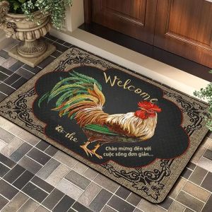 VIKAMA Farmhouse Rooster Retro Ván Gỗ Thảm Cửa Trước Chống Trơn Trượt Trong Nhà Ngoài Trời Lối Vào Sàn Trang Trí Nhà Polyester