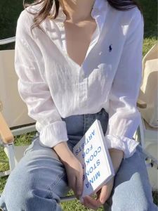 Spring Autumn Cotton Linen Womens Loose Long Sleeve Shirt Casual Slimming Outerwear Polo Collar Single Button Closure Regular Length