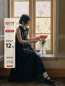 Summer New Style Black Silk Cotton Sleeveless round Neck Gown Womens High Waist A-Line Dress French Style Floral Embellished