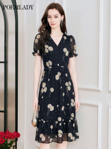 POEMLADY | Black Floral Print Chiffon Dress Short Sleeve V-neck Slimming